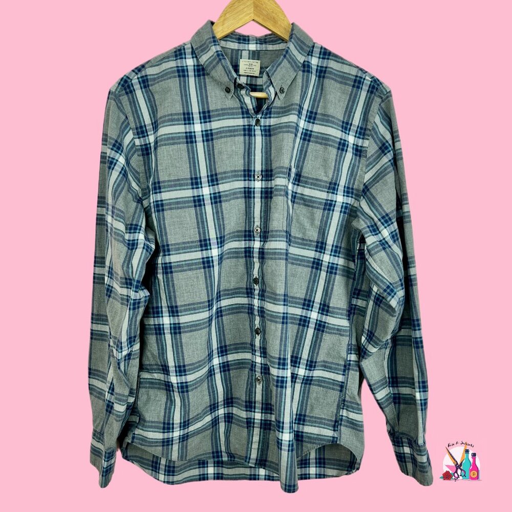 J. Crew Grey & Blue Plaid Button Down | L